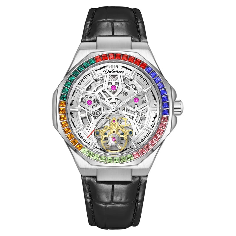 Montre Homme Tourbillon Automatique Mécanique – Lunette Gemmes Arc-en-Ciel Sport Business