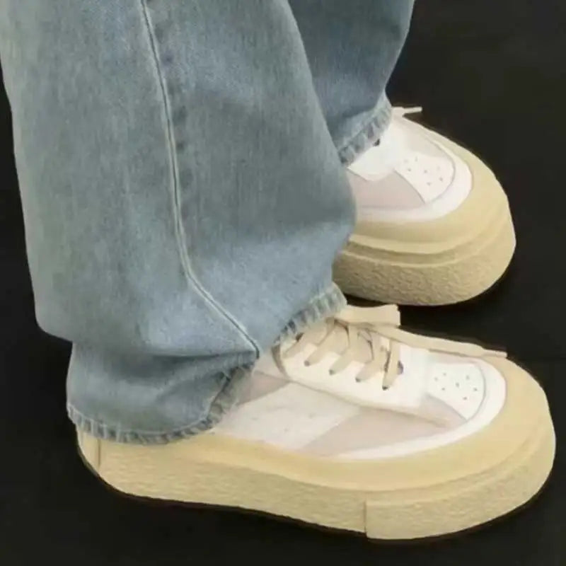 Chaussures Cuir Véritable Femme Cake Sole 2024 – Blanches Casual Élévées Sport Printemps