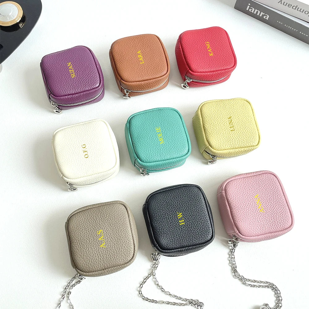 Porte-Monnaie Cuir Véritable Personnalisé – Mini Pochette Clés Rouge à Lèvres Prénom Femme Luxe