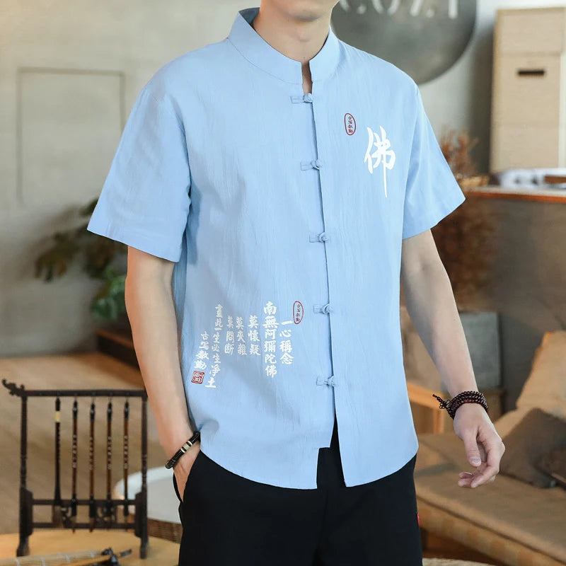 Chemise Style Chinois Homme Tang Suit Lin 2023 – Kung Fu Hanfu Manches 3/4 Grande Taille 4XL 5XL