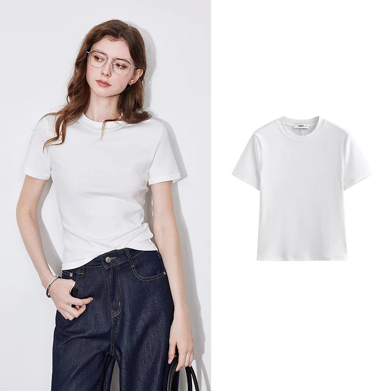 T-Shirt Lyocell Slim Fit Col Rond Manches Courtes Blanc - Basique Premium Polyvalent Printemps | TOYOUTH