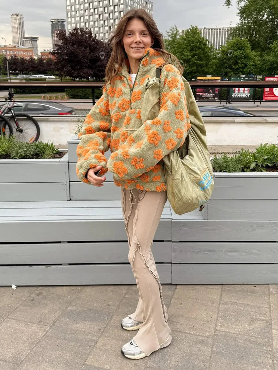 Sweat Femme Sherpa Floral Demi-Zip Ample Chaud – Pull Douillet & Tendance | Automne Hiver