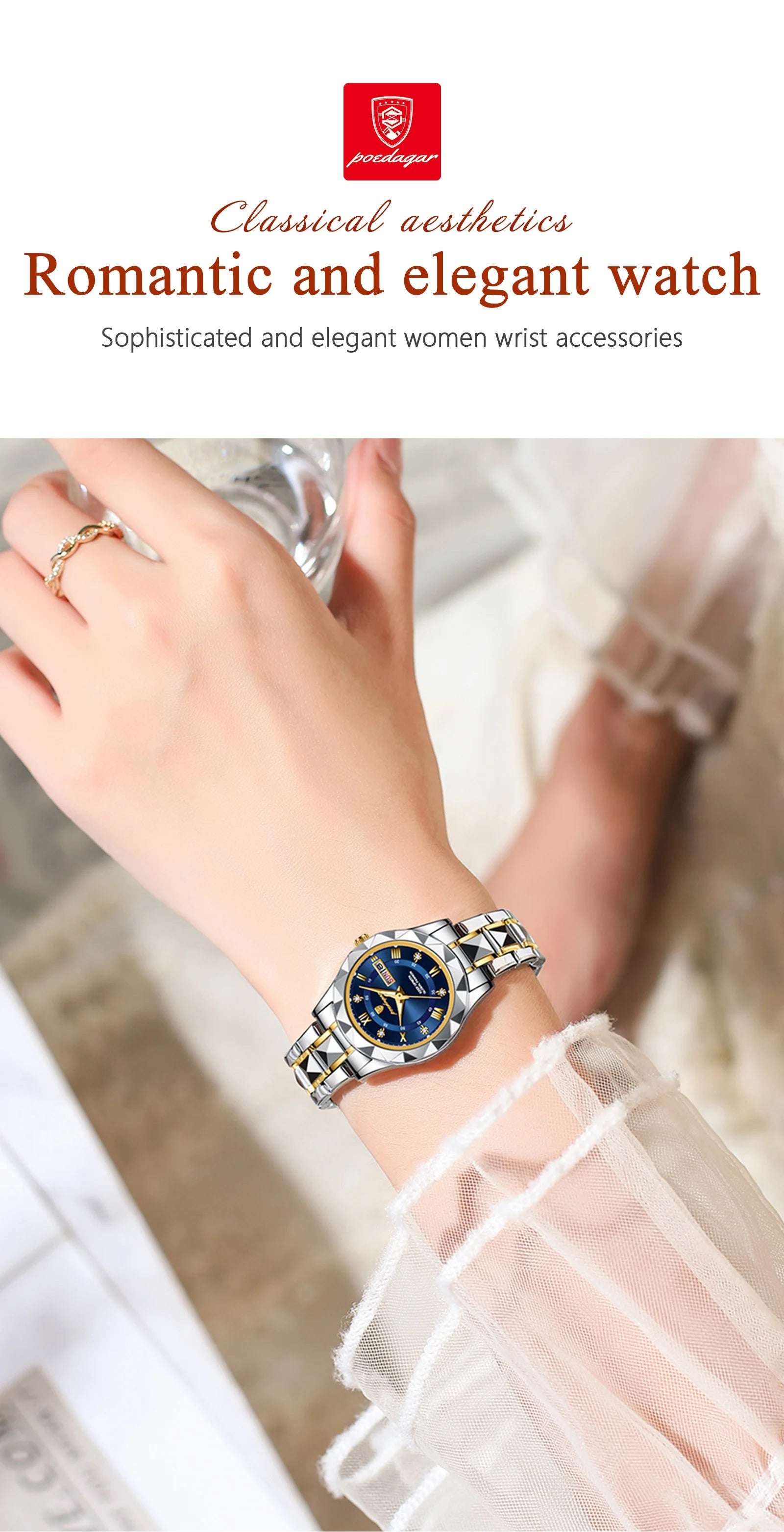 Montre Femme POEDAGAR Élégante Luxe Quartz – Lumineuse Étanche Semaine Date Acier Fashion