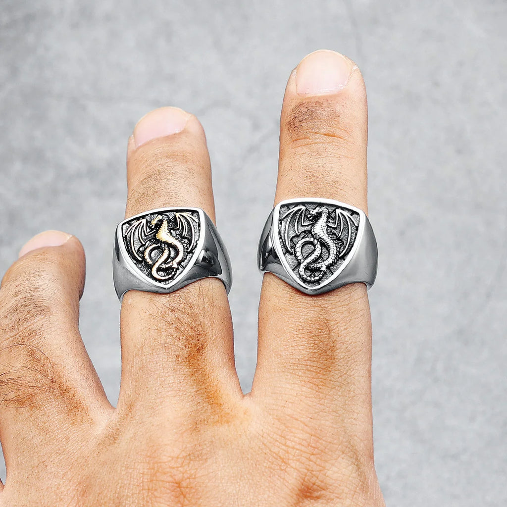 Bague Dragon Bouclier Acier 316L Homme — Style Rock Punk Viking Biker Retro
