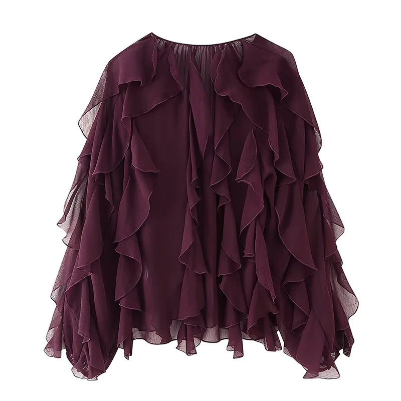 Blouse À Volants Semi-Transparente Femme Col V – Manches Longues Boutons | Style Sensuel Automne Bordeaux