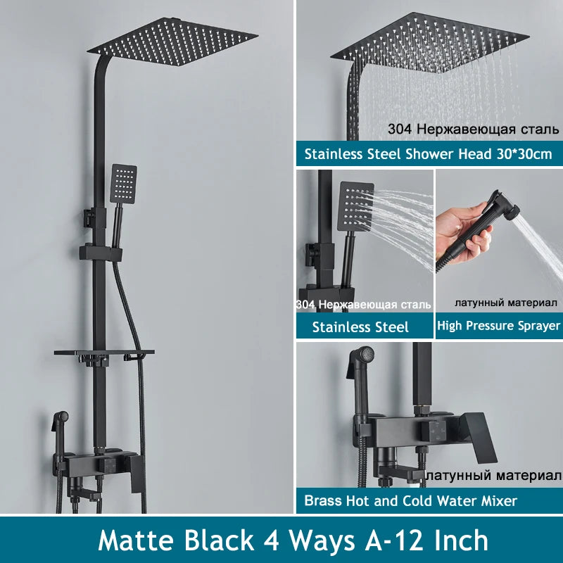 Shinesia Système Douche Pluie Mural – Noir & Chrome, 3 ou 4 Voies, Mitigeur Eau Chaude & Froide | Salle de Bain