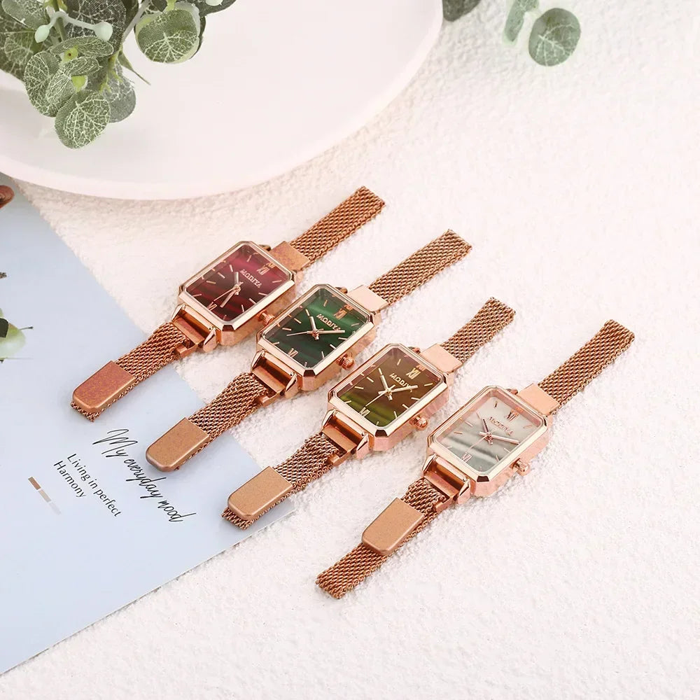 Montre Femme Luxe Carrée Quartz Maille Magnétique Or Rose – Cadran Vert Élégante Minimaliste