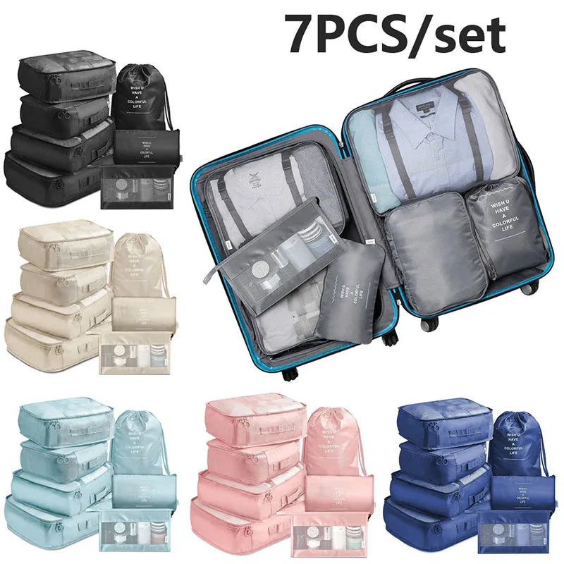 Set 7 Organisateurs de Voyage Packing Cubes – Rangement Valise Vêtements Chaussures Pliable