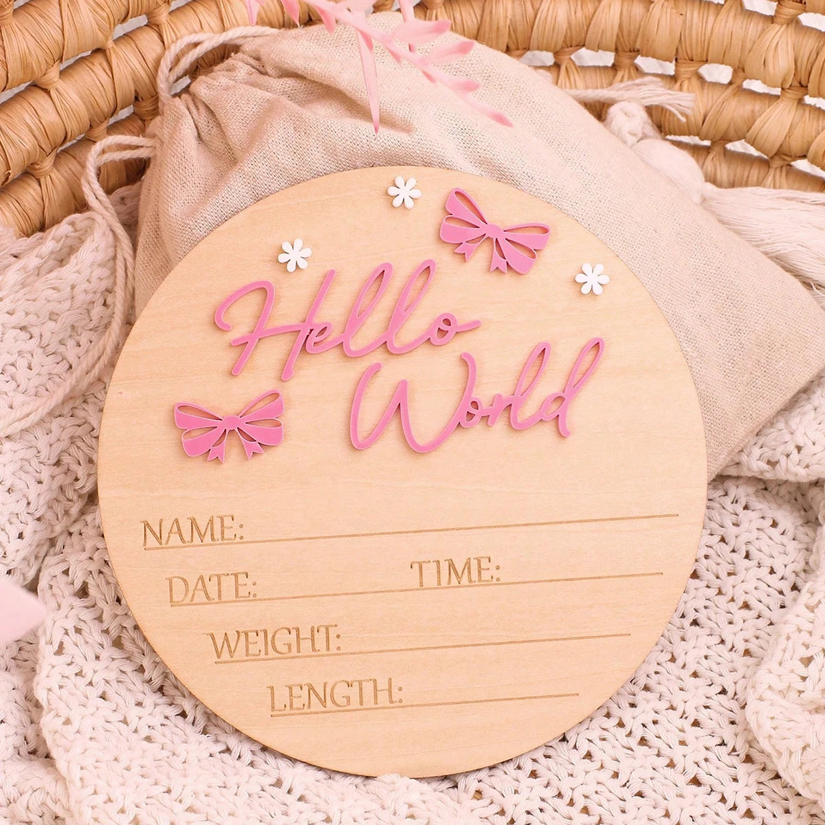Pancarte Naissance Bébé « Hello World » – Déco Maternité Rose Poudré Papillon Étoile Photo Nouveau-Né