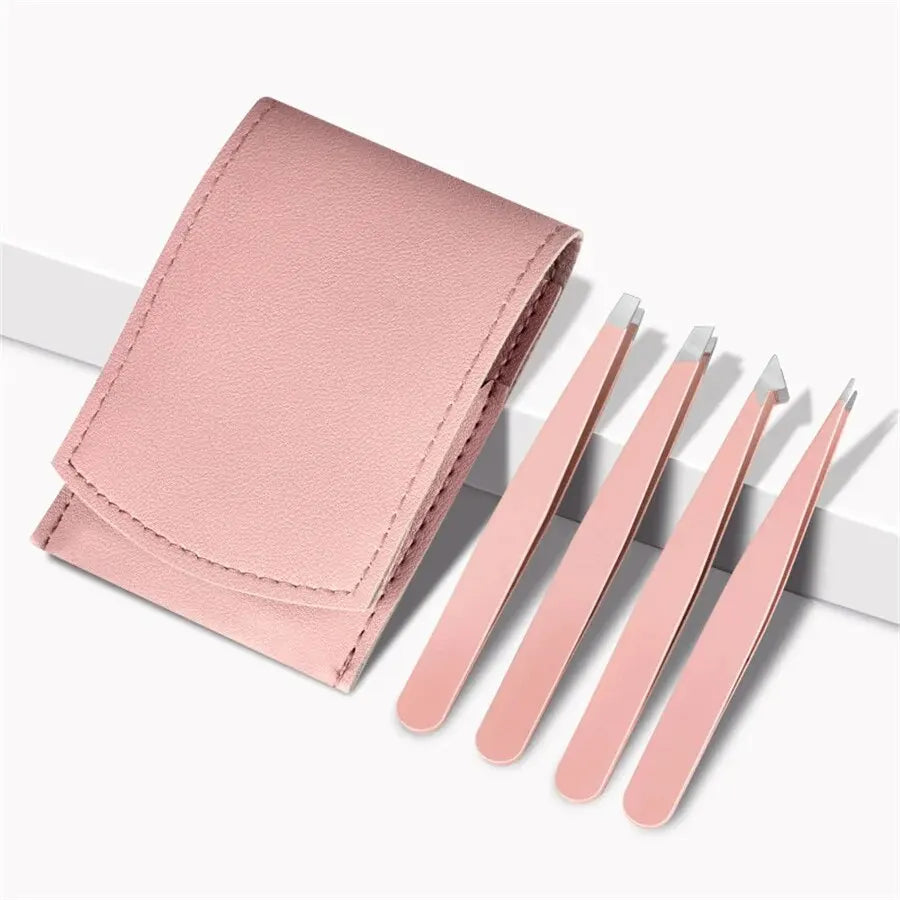 Kit 4 Pinces à Sourcils Inox Professionnelles – Bec Droit & Biaisé | Épilation Précise & Taille Sourcils | Outil Beauté Femme