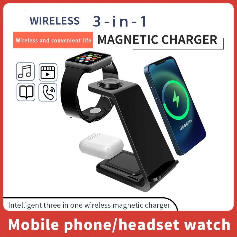 Chargeur 3-en-1 Stand Charge Rapide – iPhone 17-12 Apple Watch 6-8 iWatch AirPods Pro