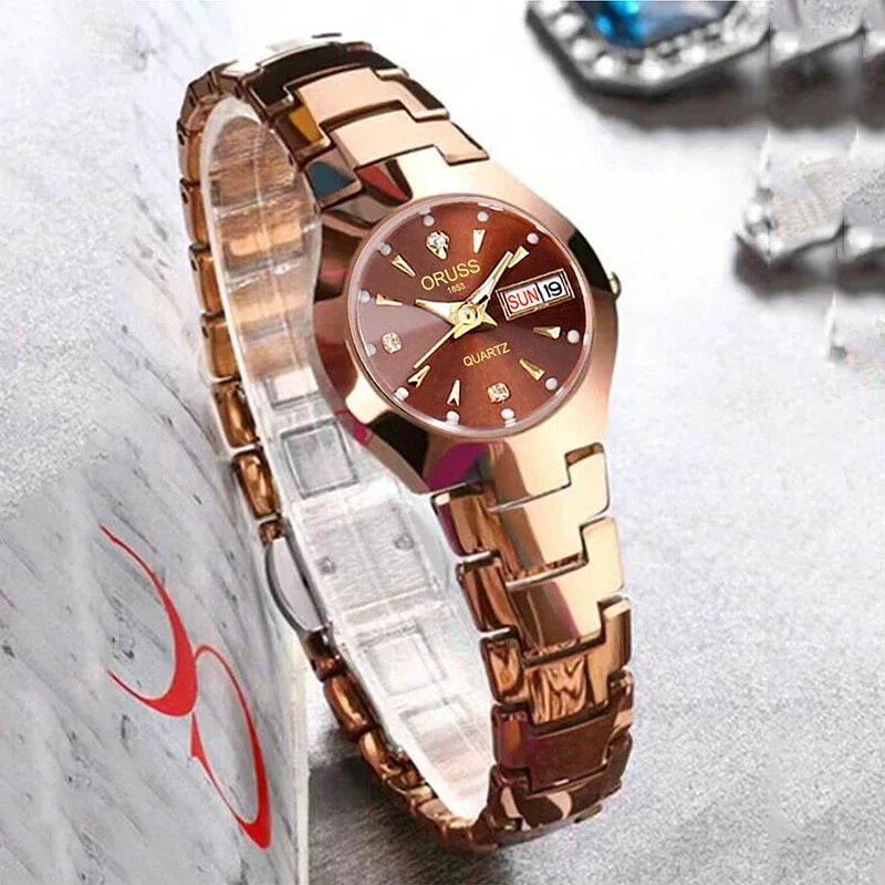 ORUSS Damen Armbanduhr Business Casual Luxus Edelstahl Quarz Datum Tag Wasserdicht 30M – Elegant Fashion