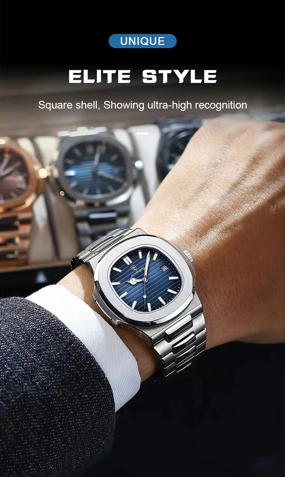 Montre Homme POEDAGAR Carré Luxe Quartz – Acier Lumineux Étanche Date Sport Business