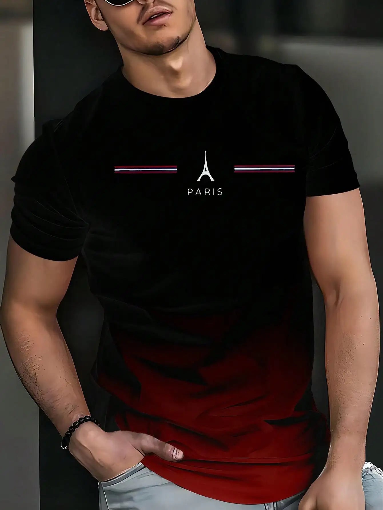 T-Shirt Homme Imprimé Graphique Dégradé Noir Rouge Col Rond Manches Courtes 100% Polyester – Casual Streetwear Tendance | Mode Homme Premium