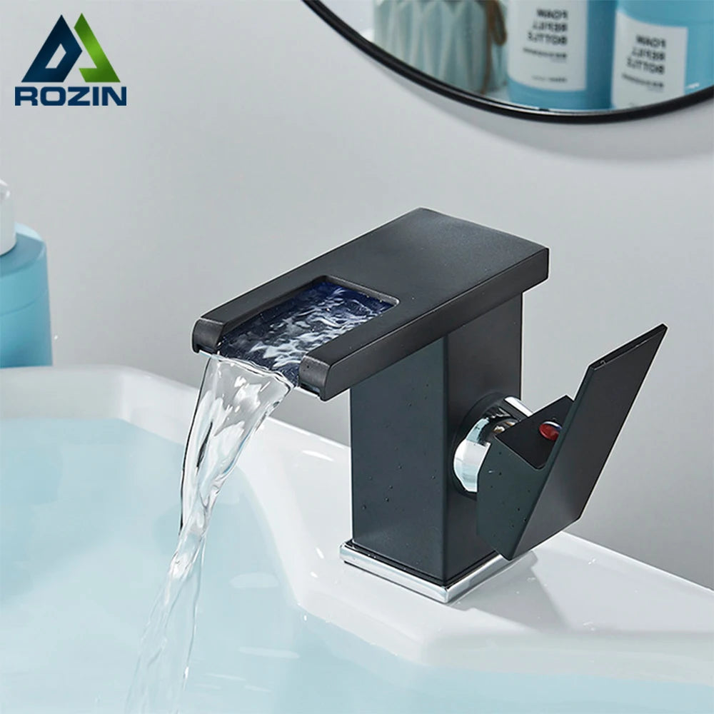 Rozin Robinet Lavabo Noir LED Cascade Hydroélectrique – Mitigeur Eau Chaude & Froide, Lumière LED Automatique | Vasque Design