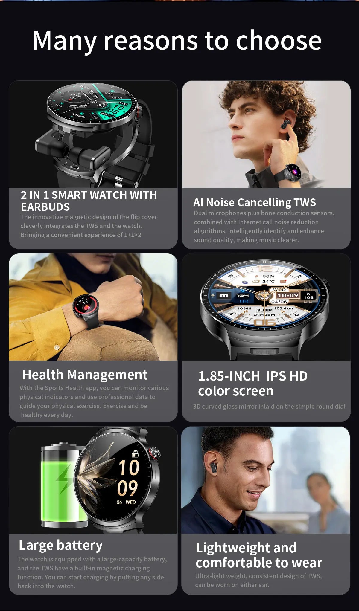 Smartwatch 2-en-1 + Écouteurs TWS Bluetooth – Écran HD 1.85" IP67 Étanche | 100+ Sports | Appels & Suivi Fitness