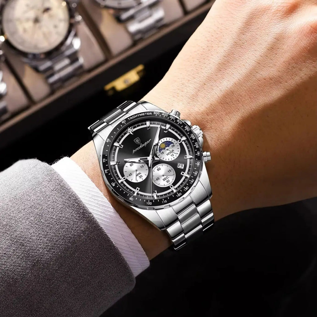 Montre Homme POEDAGAR Business Quartz Chronographe – Acier Lumineux Étanche Date Fashion