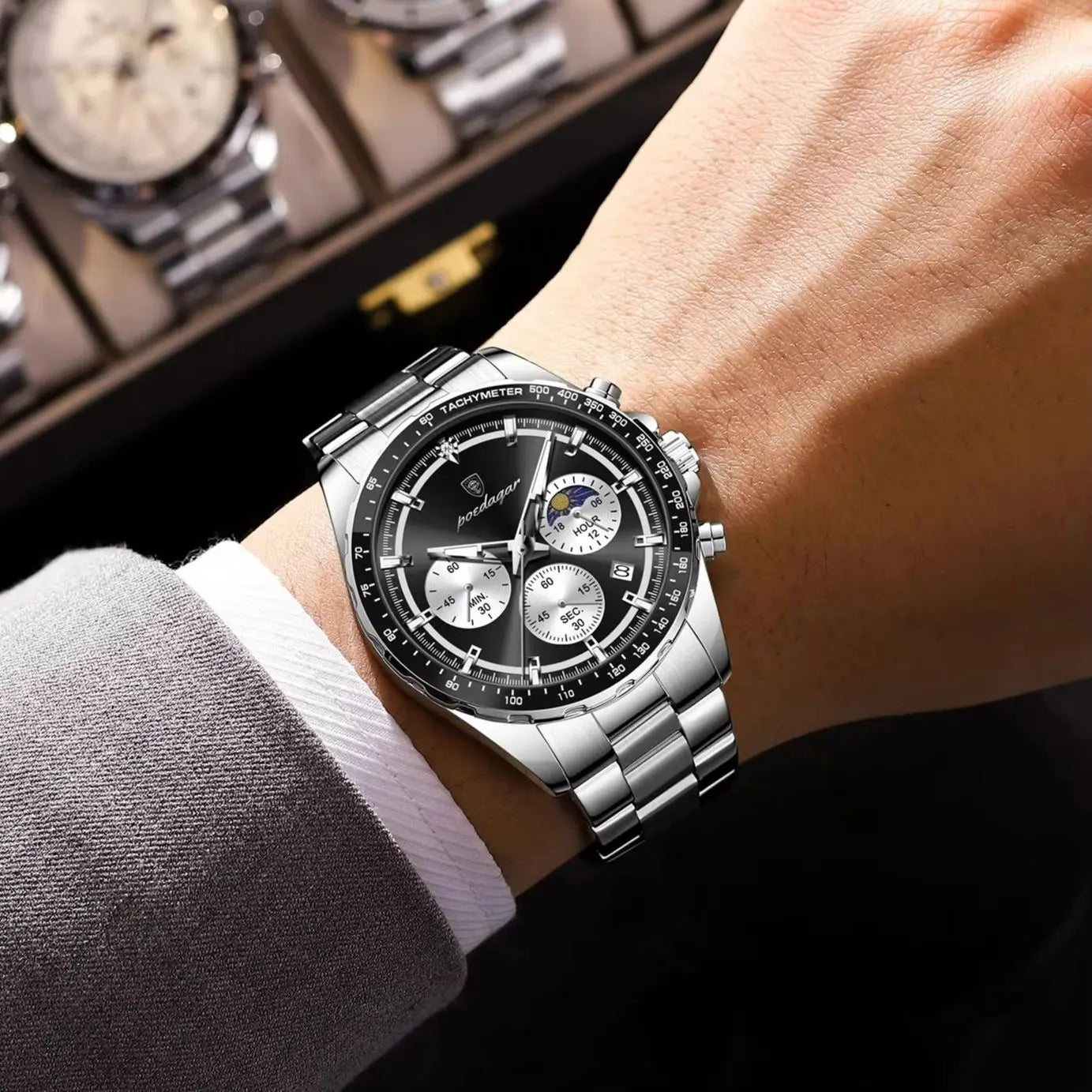 Montre Homme POEDAGAR Business Quartz Chronographe – Acier Lumineux Étanche Date Fashion