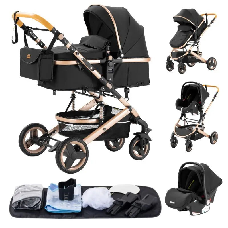Poussette Bébé 3 en 1 Pliable Aluminium – Haute Vue, Nacelle & Siège, Voyage Compact | Nouveau-Né & Nourrisson