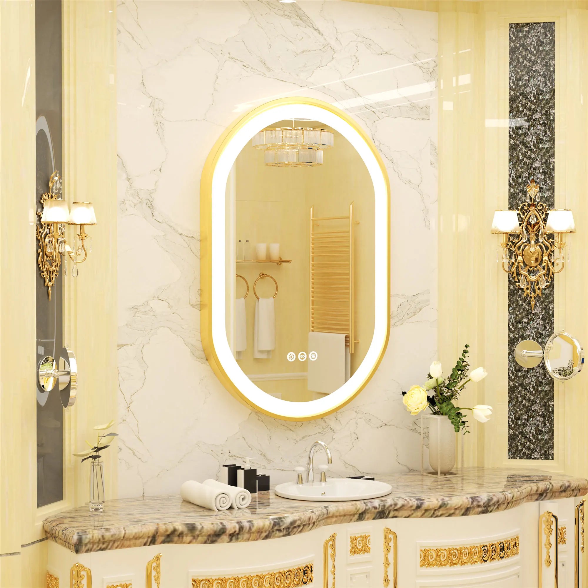 Large LED Oval Bathroom Mirror with Stepless Dimmable Lighted Vanity Mirror for Wall Mounted Vanity with Frame Anti-Fog Memory