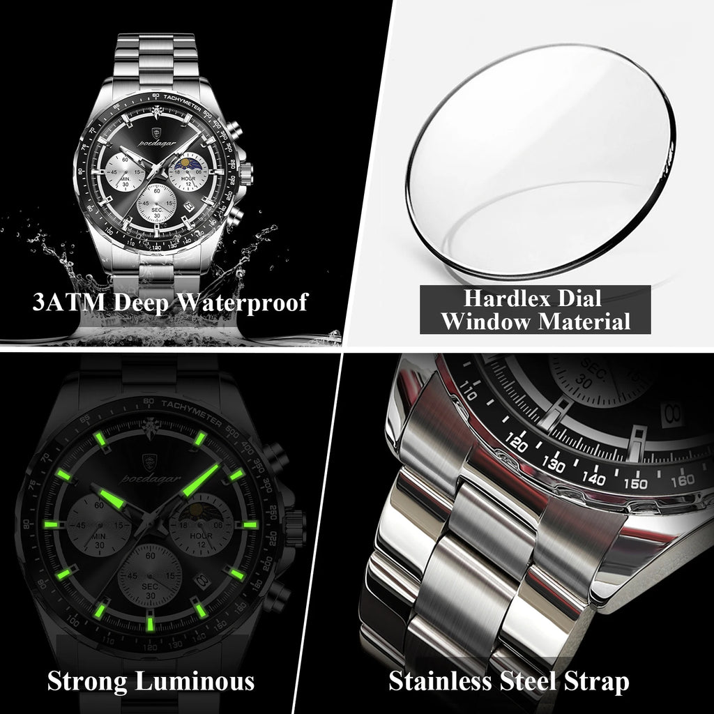 Montre Homme POEDAGAR Business Quartz Chronographe – Acier Lumineux Étanche Date Fashion