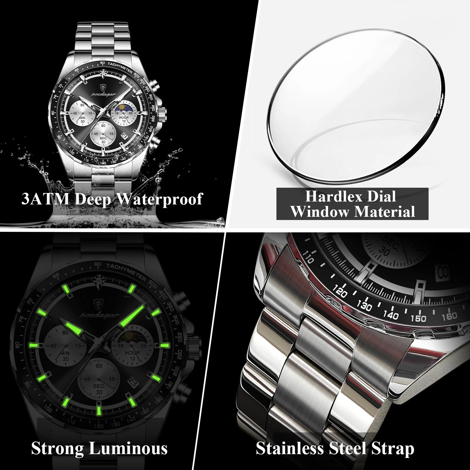 Montre Homme POEDAGAR Business Quartz Chronographe – Acier Lumineux Étanche Date Fashion