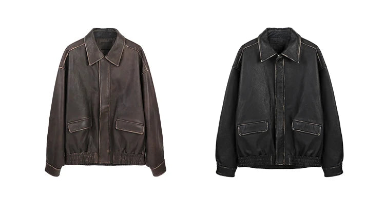Oversize Jacke Kunstleder Distressed Damen – Vintage Retro Stil Reißverschluss | Braun Schwarz Frühling Herbst