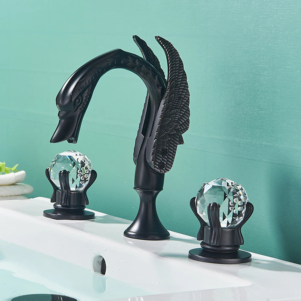 Rozin Robinet Lavabo Cygne Or Luxe – Double Poignée Cristal, Mitigeur Eau Chaude & Froide | Pièce Maîtresse Salle de Bain