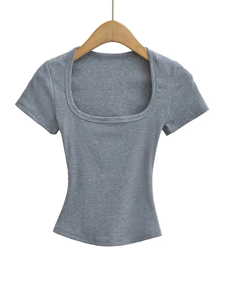 Crop Top Femme Col Carré Slim Stretch Manches Courtes Sexy – T-Shirt Court Élastique Casual Été | Mode