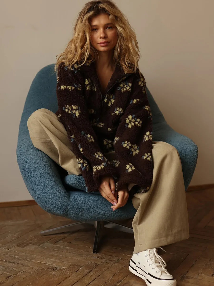 Sweat Femme Sherpa Floral Demi-Zip Ample Chaud – Pull Douillet & Tendance | Automne Hiver