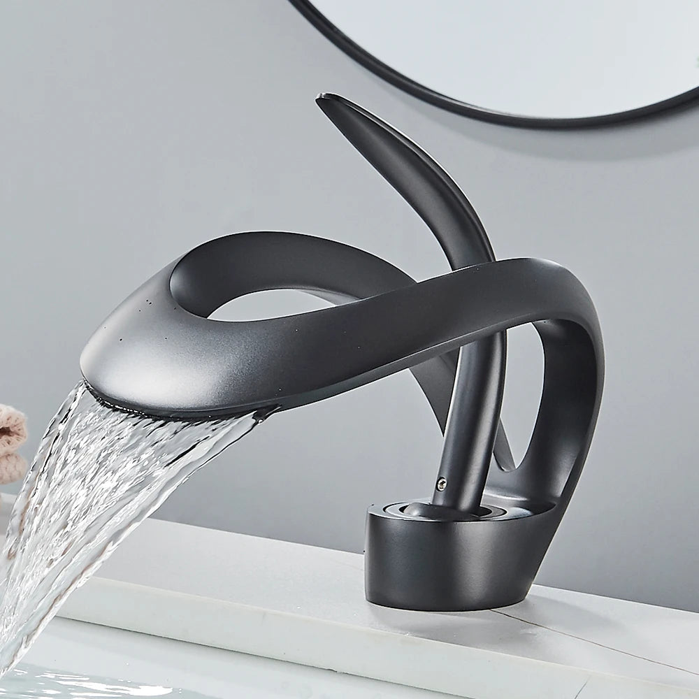 Rozin Robinet Lavabo Luxe Noir & Gris – Effet Cascade, Laiton, Style Moderne | Mitigeur Eau Chaude & Froide Vasque