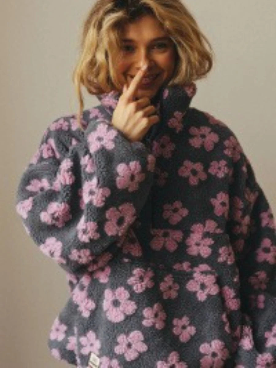 Sweat Femme Sherpa Floral Demi-Zip Ample Chaud – Pull Douillet & Tendance | Automne Hiver