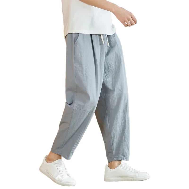 Pantalon Homme Lin Coton Casual Couleur Unie Respirant Loose Straight Baggy Léger – Cordon Streetwear Sport | Mode Homme Confort