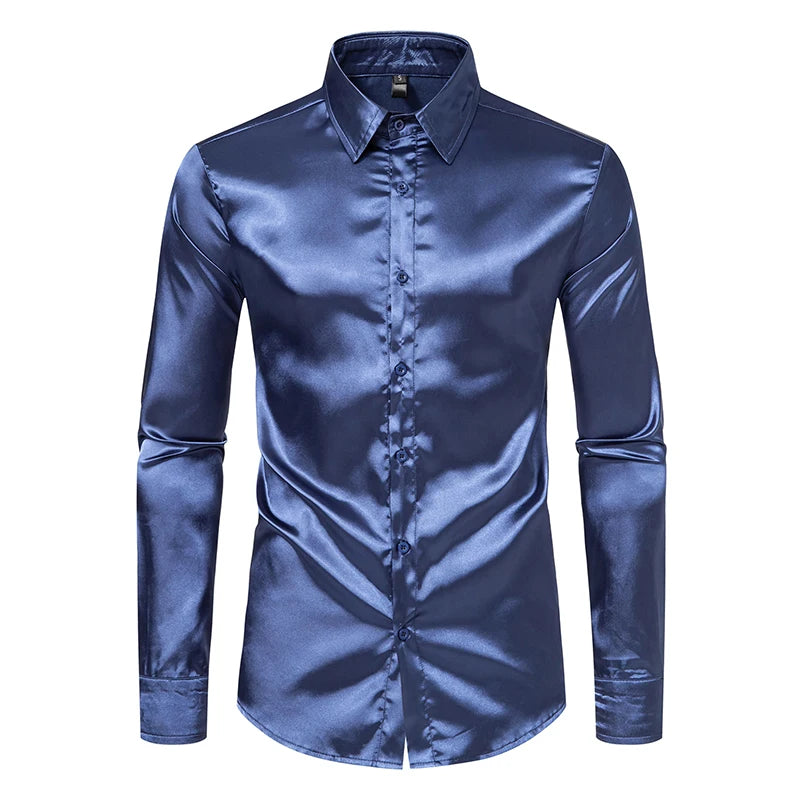 Chemise Homme Satin Noir Luxe Soie Lisse Tuxedo Mariage Soirée Prom Casual Business Bureau Élégante Couleur Unie Premium – Chemise Satin Luxe Cérémonie | Mode Homme Luxe Cérémonie Premium