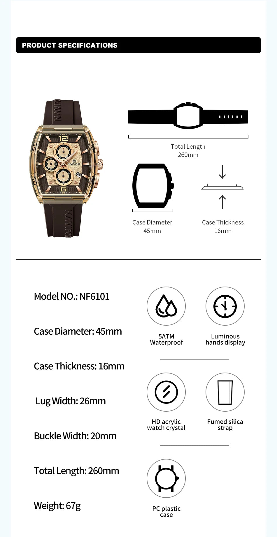 Montre Homme NAVIFORCE Luxe Sport Étanche Bracelet Silicone Quartz Lumineux Chronographe Coffret Cadeau Inclus | Montre NAVIFORCE Chronographe Sport Luxe Premium