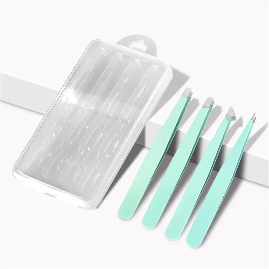 Kit 4 Pinces à Sourcils Inox Professionnelles – Bec Droit & Biaisé | Épilation Précise & Taille Sourcils | Outil Beauté Femme