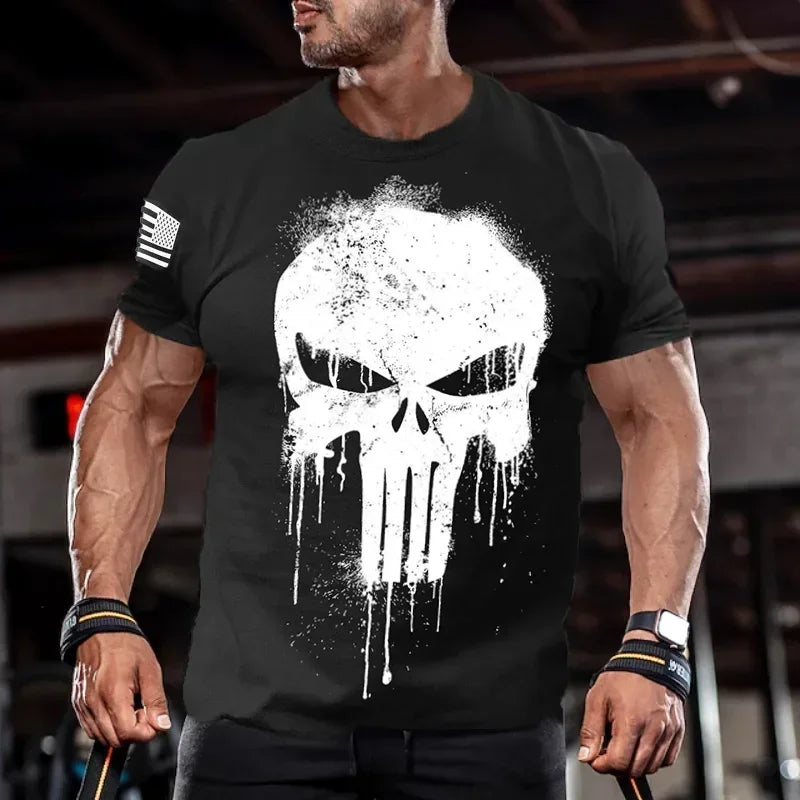 T-Shirt Homme Vintage Imprimé Crâne Militaire Oversize Col Rond Manches Courtes – Casual Outdoor Été Streetwear | Mode Homme Rock