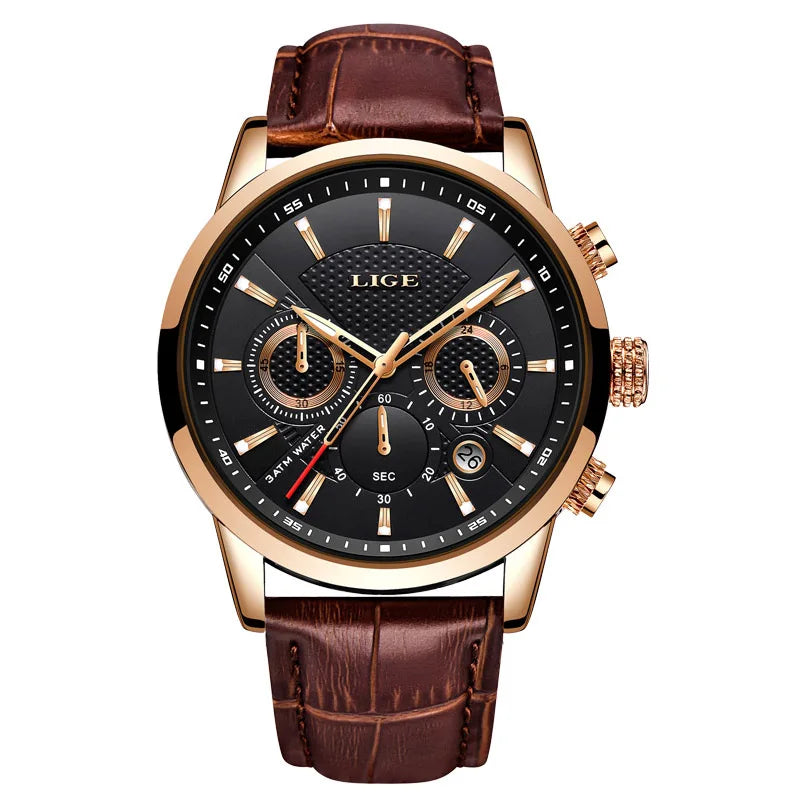 Montre Homme Luxe LIGE Chronographe Quartz Cuir – Business Sport Étanche Date 2025