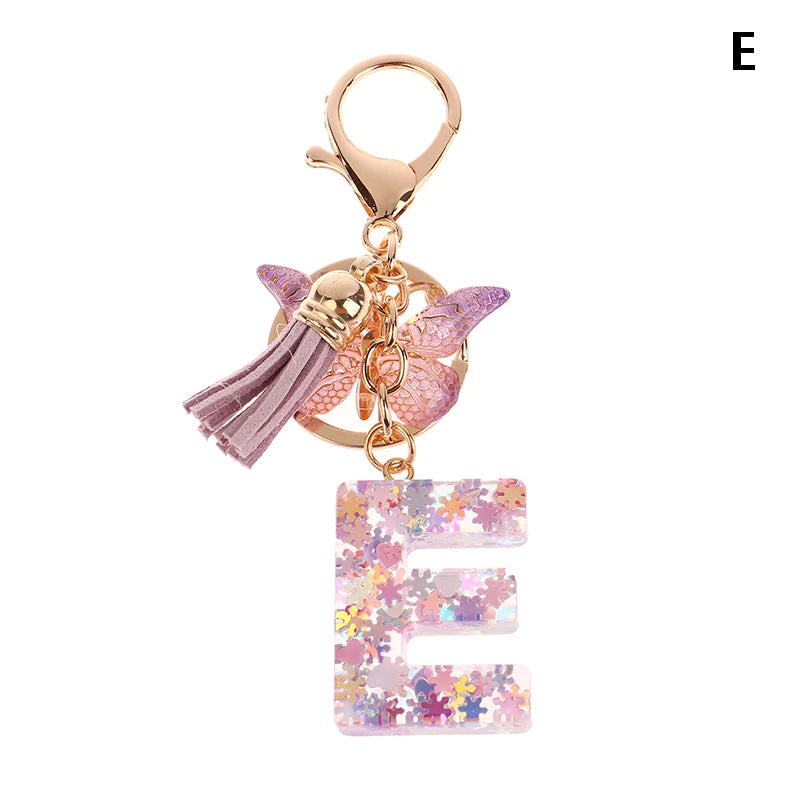 Porte-Clés Lettre Initiale Sequins Femme – Pendentif Papillon Pompon Sac Voiture Bijou