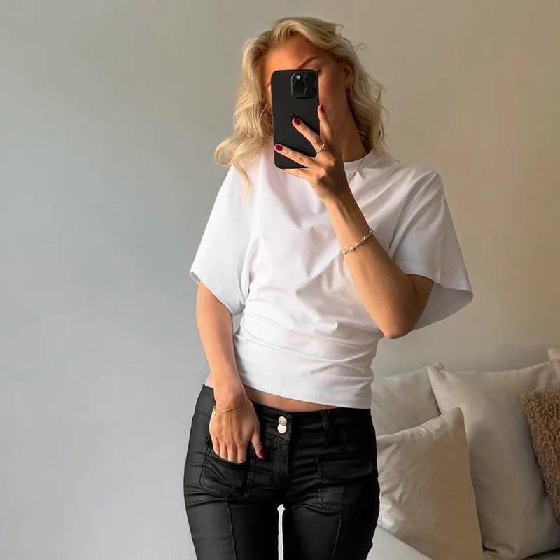T-Shirt Crop Top Femme Gris Col Rond Style Corset – Casual Solid Streetwear | Printemps Été