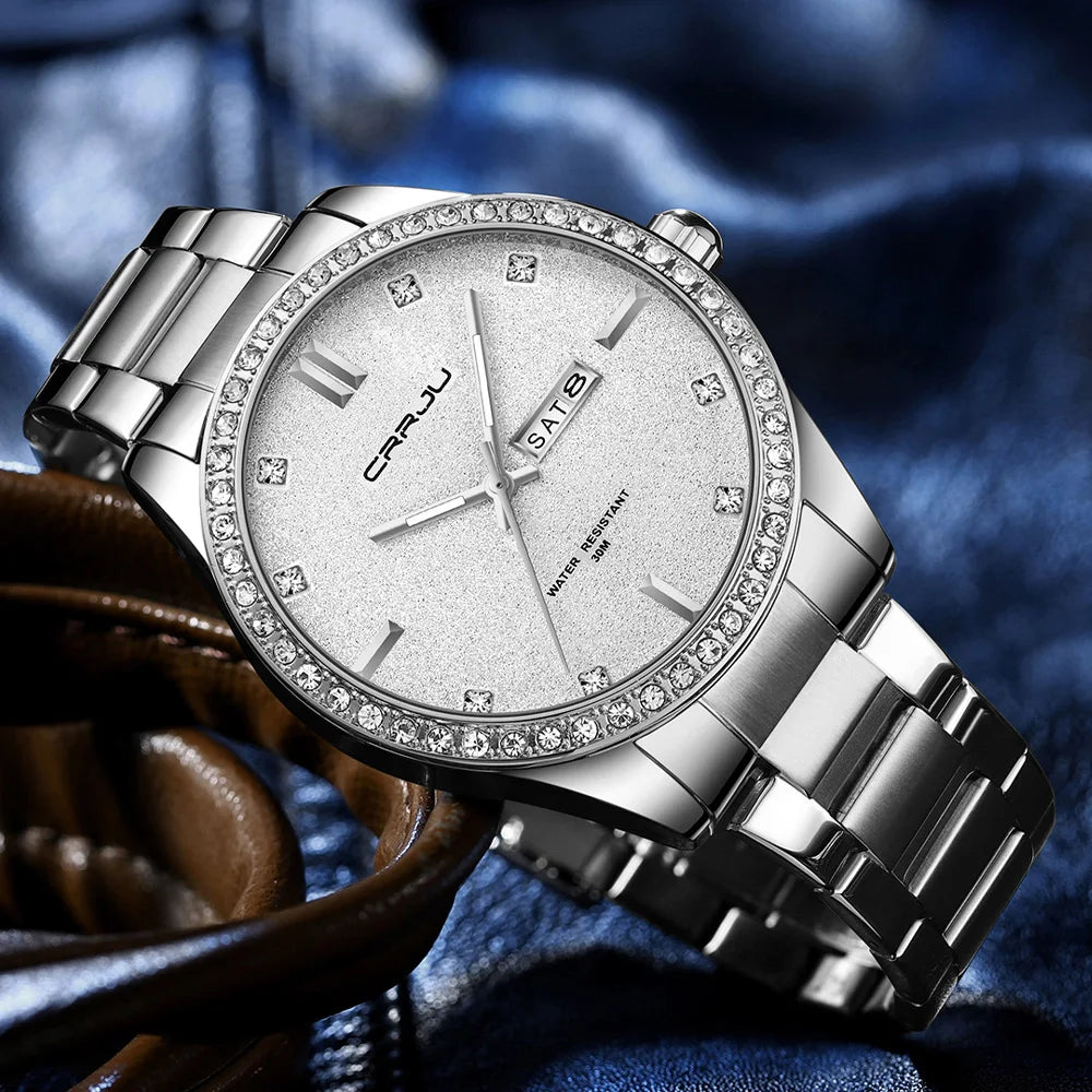 Montre Homme CRRJU Moissanite Diamant Luxe Cadran Doré Acier Inoxydable Lumineux Élégante Premium | Montre CRRJU Moissanite Diamant Luxe Premium