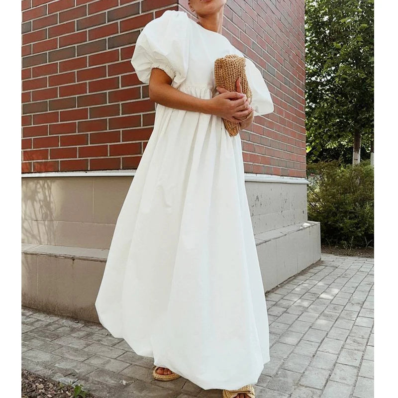 Robe Maxi Femme Boho Blanche Manches Bouffantes Taille Haute Ample Coton – Longue Été Bohème
