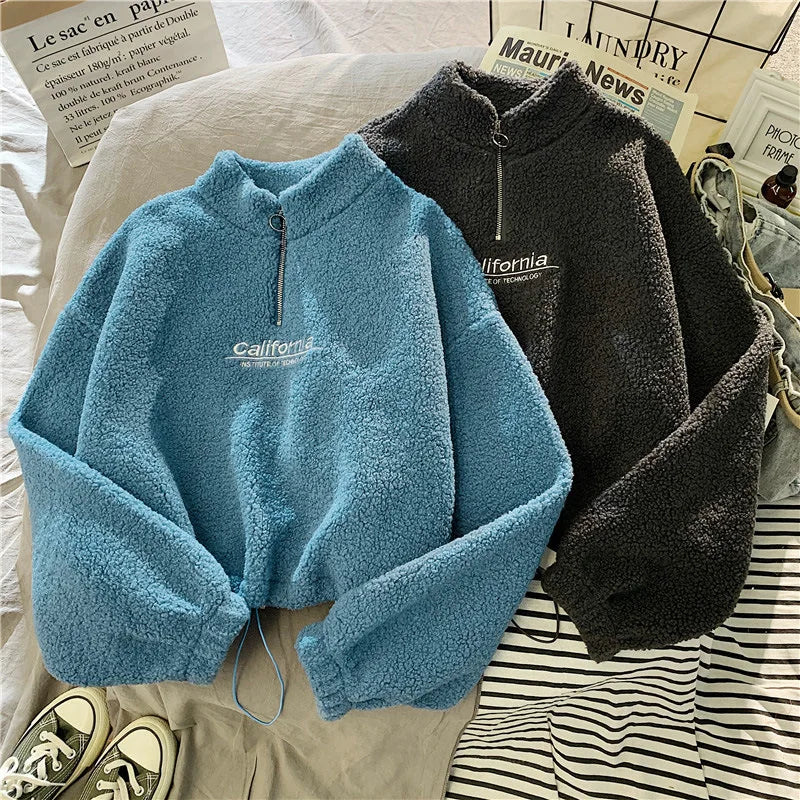 Sweat Court Femme Col Montant Polaire Brodé Cordon Manches Longues Velours Peluche Élégant – Hoodie Crop | Automne