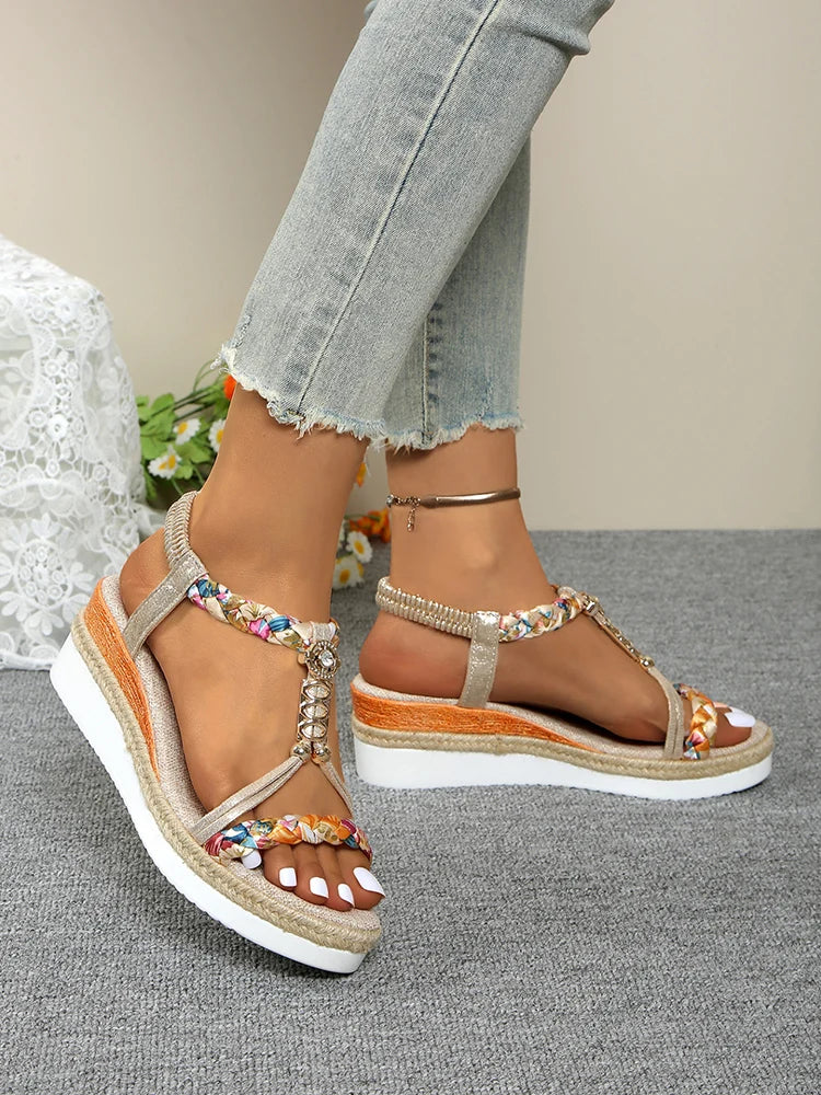 Sandales T-Strap Wedge Mix Color Femme – Bande Élastique Plateforme Bout Ouvert Été