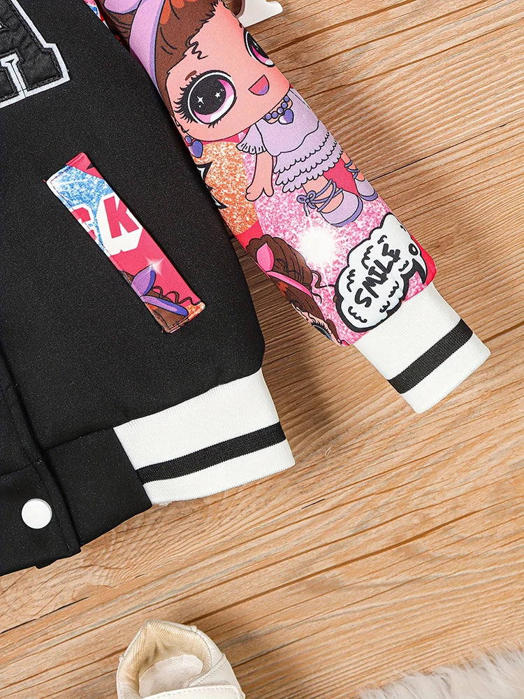 Veste Baseball Fille Imprimé Poupée Cartoon Lettre A – Blouson Casual Printemps Automne Enfant