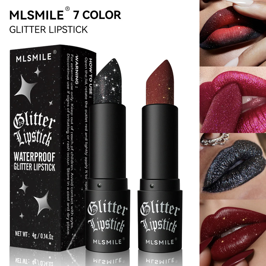 Rouge à Lèvres Glitter 7 Couleurs – Diamond Pearlescent Métallique Waterproof | Lipgloss Noir Femme