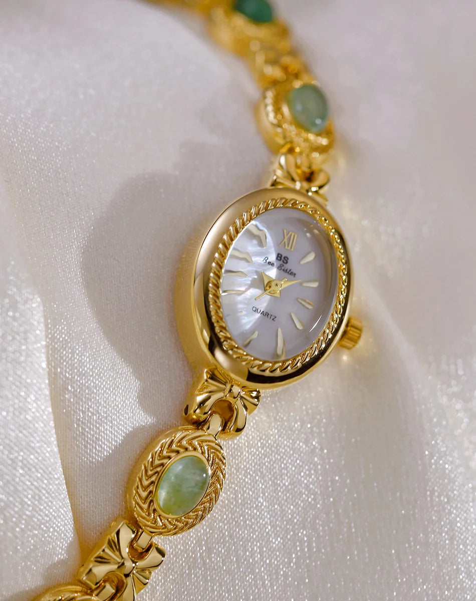 Montre Femme Luxe Jade Bracelet Quartz Dorée – Élégante Fashion Cadeau Idéal