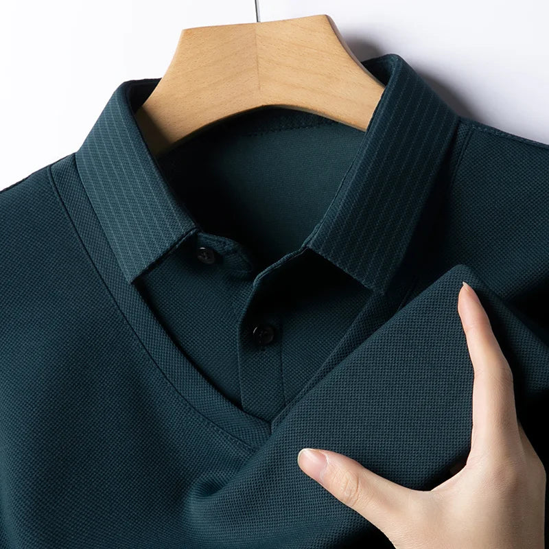 Polo Homme Manches Longues Faux Deux Pièces Couleur Unie – Business Casual Élégant Toutes Saisons Polyvalent | Mode Homme Premium
