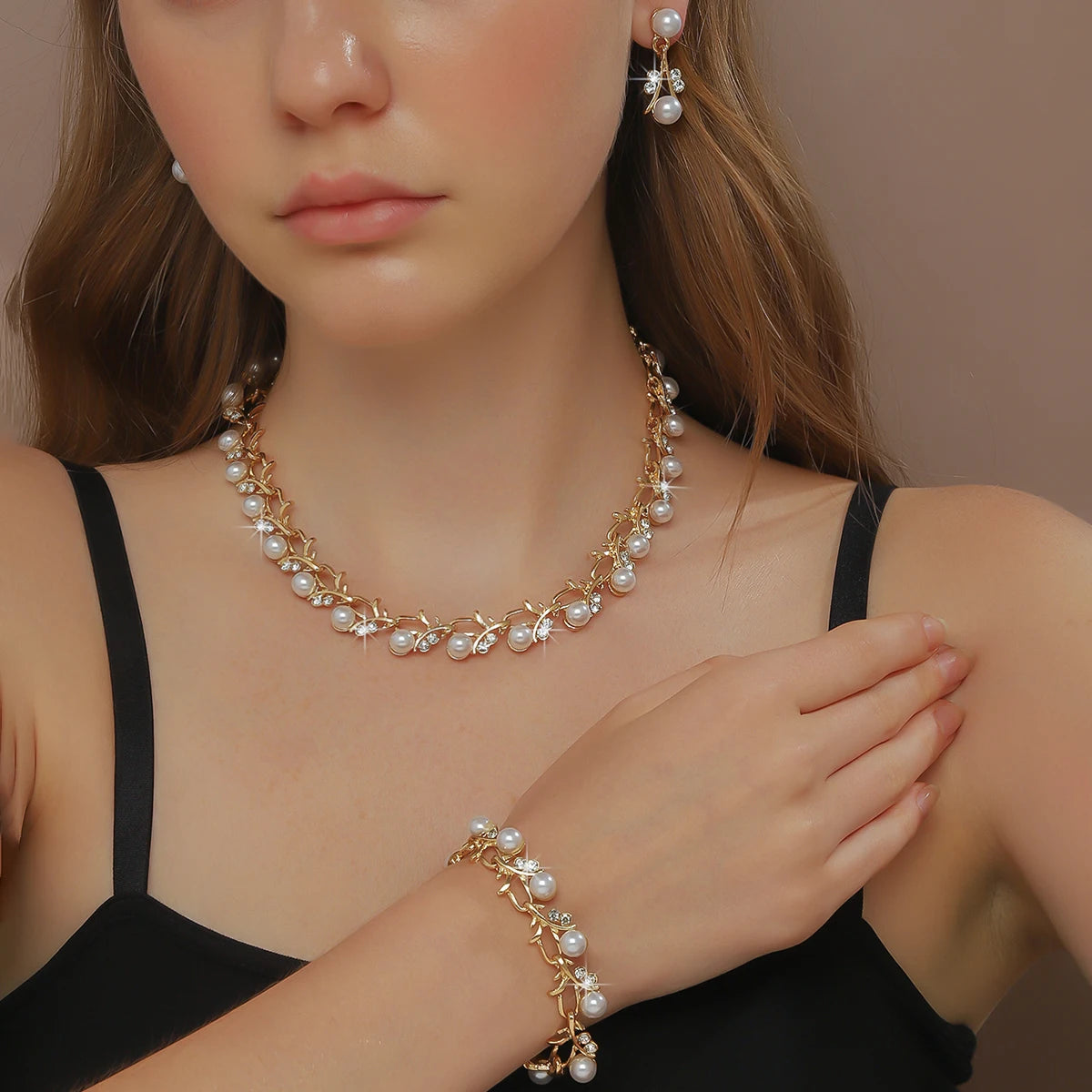 Parure Bijoux Mariage 4 Pièces Perles Strass — Collier Boucles Bracelet Mariée
