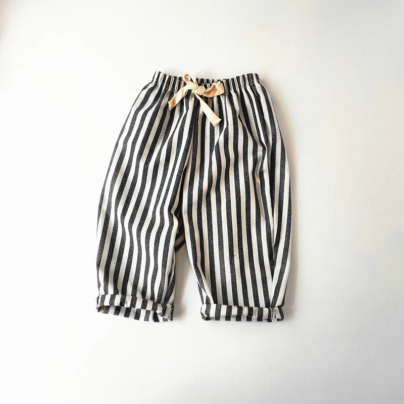 Short Lin Coton Enfant Rayures – Pantalon Court Casual Vintage Ample Garçon Fille Été